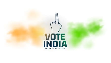 Illustration of an inked finger pointing upward with the text "Vote India – General Election" surrounded by saffron and green watercolor effects.