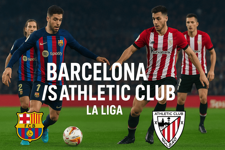 Barcelona vs Athletic Club match banner showing players in action during a La Liga clash.