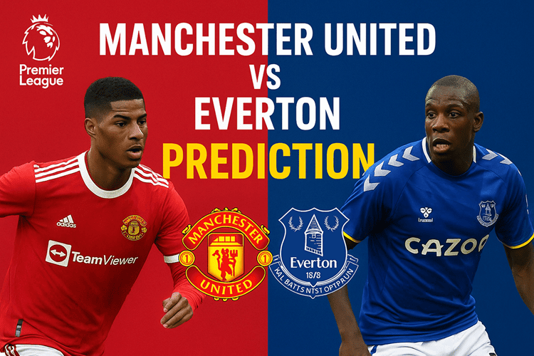 Manchester United vs Everton Premier League match poster featuring players Marcus Rashford and Abdoulaye Doucouré for prediction and match preview