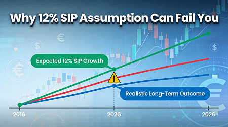 Line graph debunking 12% SIP return myth: expected green growth line diverges from realistic blue outcome, warning icon, stock market background, text "Why 12% SIP Assumption Can Fail You