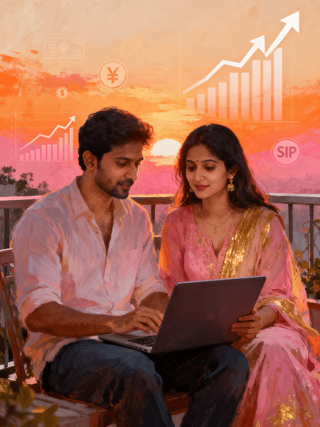 A warm, inspirational illustration of a couple (Chandan and Anchal) sitting together on a terrace at sunset, holding a laptop and reviewing their SIP investments. Include subtle financial elements like growth charts, arrows, and small cap funds symbols in the background. The scene should feel romantic, motivating, and blog-friendly, with a soft, modern art style suitable for a blog cover.