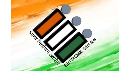 Logo of the Election Commission of India featuring three vertical bars in tricolor (orange, white, green) and Ashoka Chakra-inspired grey circles.
