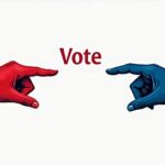 Two hands, one red and one blue, pointing toward the word "Vote" — symbolizing political choice and democratic participation.