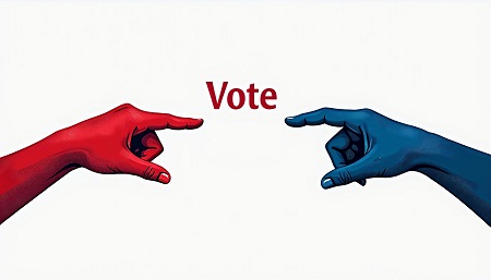 Two hands, one red and one blue, pointing toward the word "Vote" — symbolizing political choice and democratic participation.