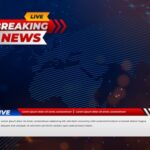 “Breaking News Live banner template with digital world map background, red-blue headlines, and scrolling news ticker.”