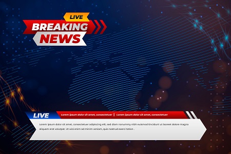 “Breaking News Live banner template with digital world map background, red-blue headlines, and scrolling news ticker.”