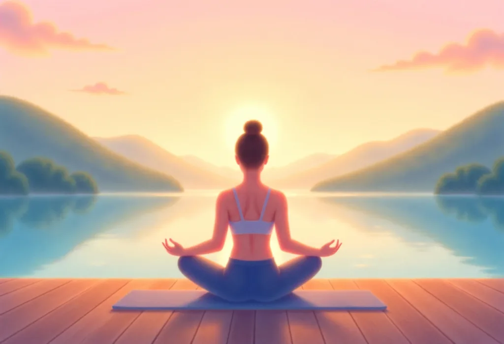 Woman meditating at sunrise by a peaceful lake surrounded by mountains