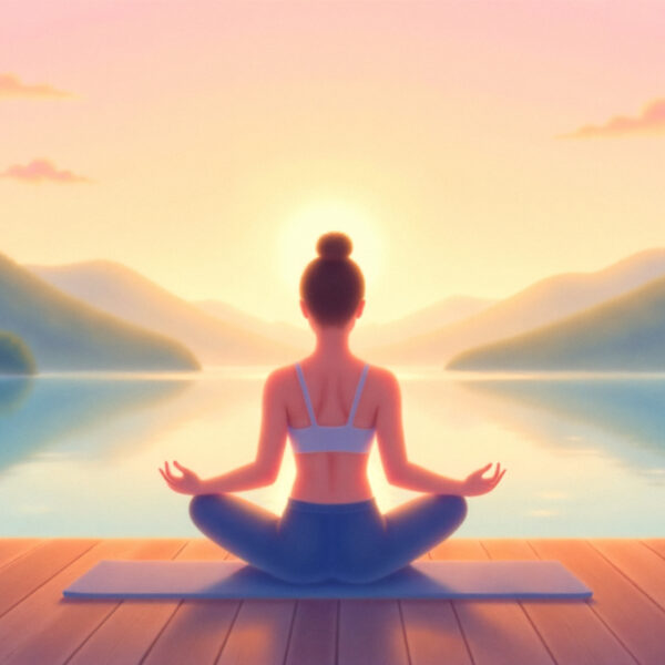Woman meditating at sunrise by a peaceful lake surrounded by mountains