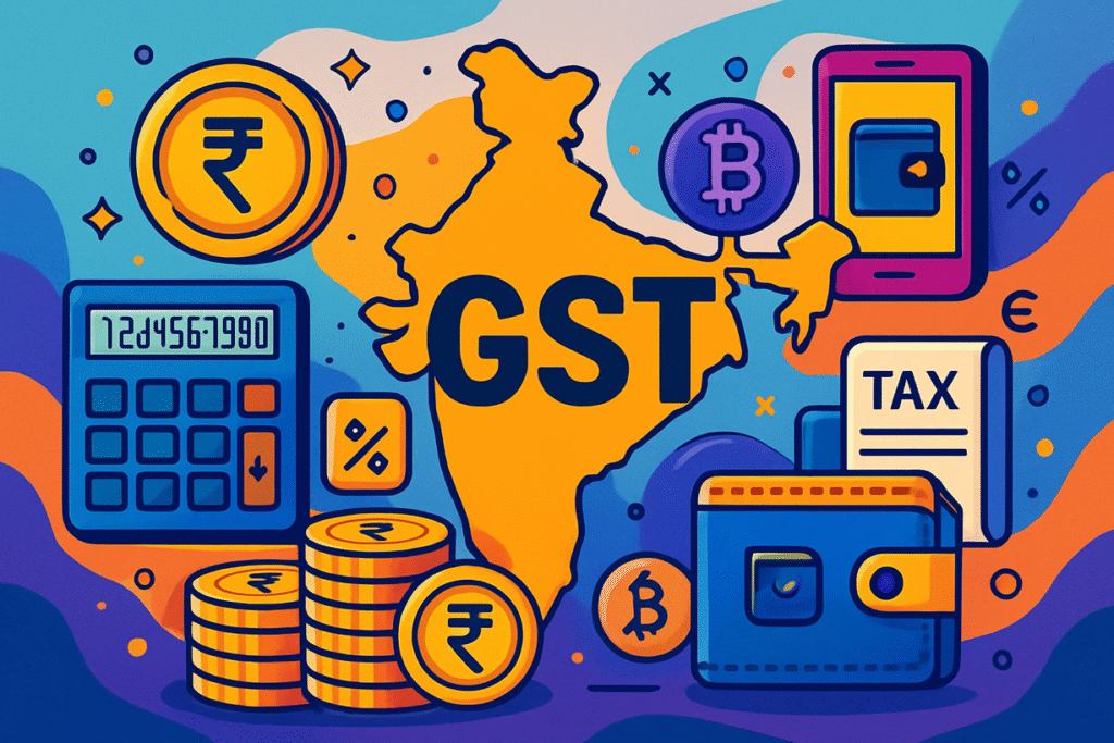 GST का डिजिटल चित्रण, भारत की नक्शा पृष्ठभूमि के साथ वित्तीय और टैक्स आइकन