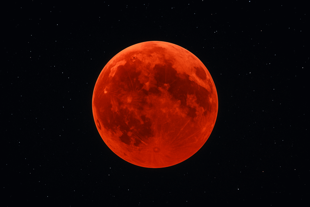 Blood Moon Eclipse during total lunar eclipse with a red-orange glow against a starry night sky.