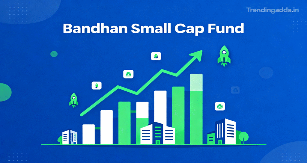 Stylish modern banner displaying upward stock market growth graphs and emerging small company icons with the text 'Bandhan Small Cap Fund' and Trendingadda.in watermark.