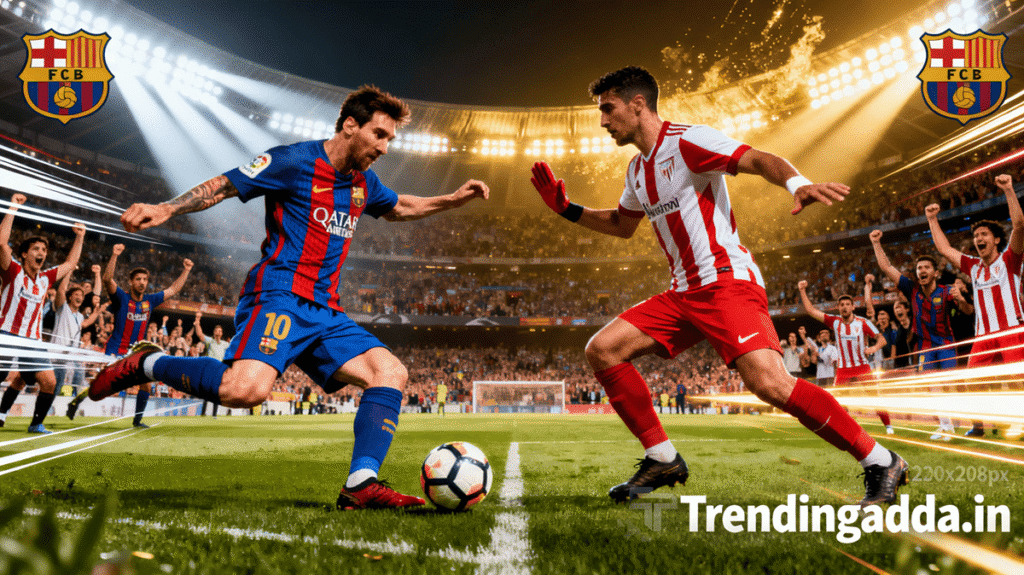 When Rivalry Turned Ruthless – Barcelona’s Iconic 4-0 Win Over Athletic Club 8 Dramatic thumbnail showing FC Barcelona and Athletic Club players in intense action on the football field, with vibrant stadium lights and an energetic crowd, featuring a Trendingadda.in watermark