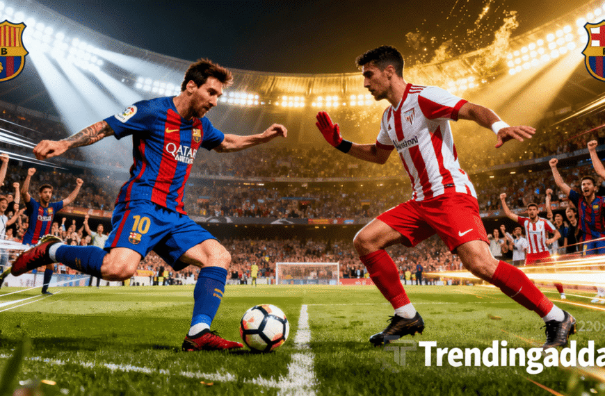 Dramatic thumbnail showing FC Barcelona and Athletic Club players in intense action on the football field, with vibrant stadium lights and an energetic crowd, featuring a Trendingadda.in watermark