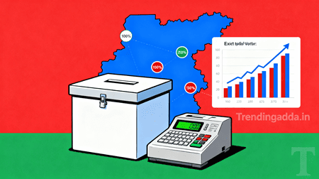 Bihar Assembly Election 2025: Exit Polls, Voter Turnout, and Political Analysis 1 Bihar Assembly Election 2025 infographic showing ballot box, EVM machine, election result graphs, Bihar state map, and exit poll and voter turnout highlights with Trendingadda.in watermark bihar election