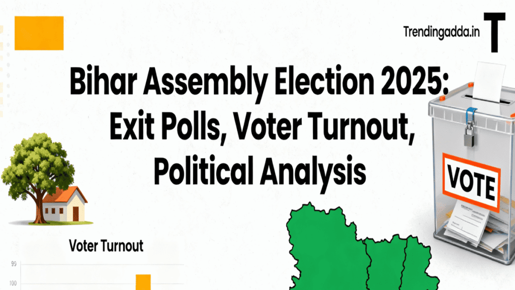 Bihar Election 2025 themed image with election symbols, ballot boxes, voter turnout charts, Bihar state map, and text about exit polls and political analysis Bihar Election