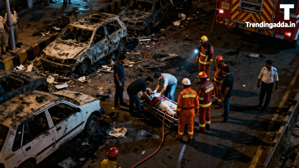 Delhi blast emergency scene illustration showing fire rescue team, damaged vehicles, debris, and emergency response at night with Trendingadda.in watermark Delhi News