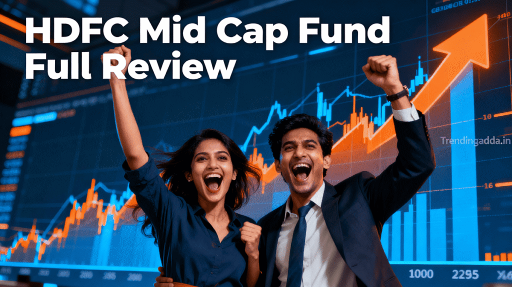 Dramatic banner showing two excited people reacting wildly with upward trending stock charts in the background, symbolizing investor enthusiasm for HDFC Mid Cap Fund﻿, with a subtle Trendingadda.in watermark. Mid Cap Funds Mid Cap Mutual