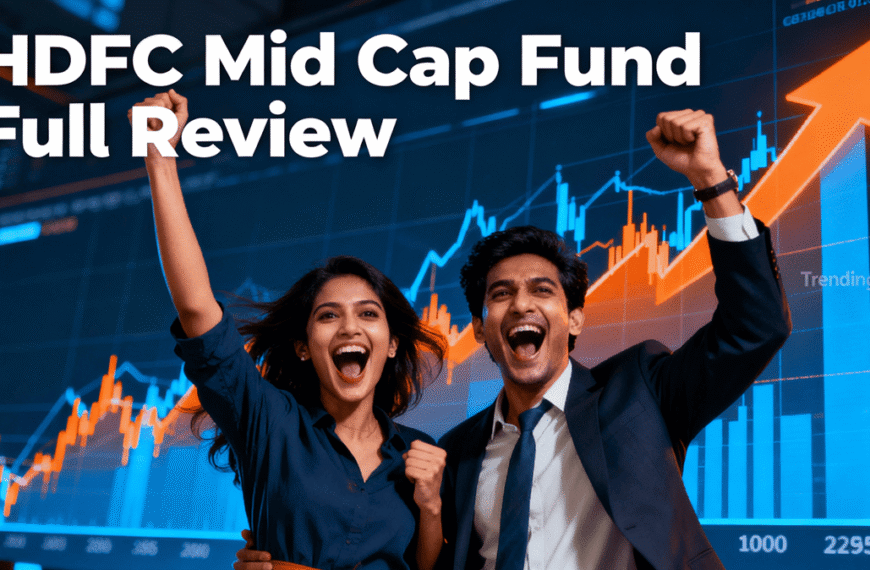 Dramatic banner showing two excited people reacting wildly with upward trending stock charts in the background, symbolizing investor enthusiasm for HDFC Mid Cap Fund﻿, with a subtle Trendingadda.in watermark.