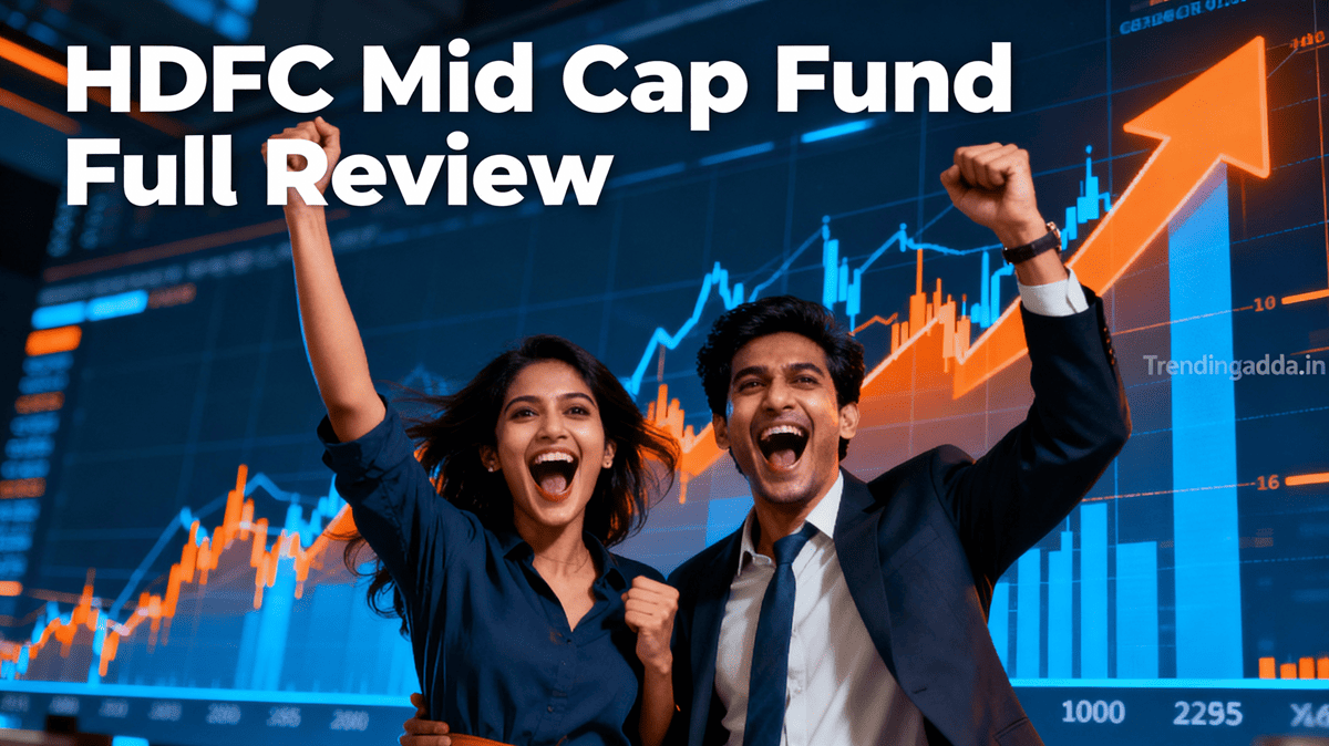 Dramatic banner showing two excited people reacting wildly with upward trending stock charts in the background, symbolizing investor enthusiasm for HDFC Mid Cap Fund﻿, with a subtle Trendingadda.in watermark.