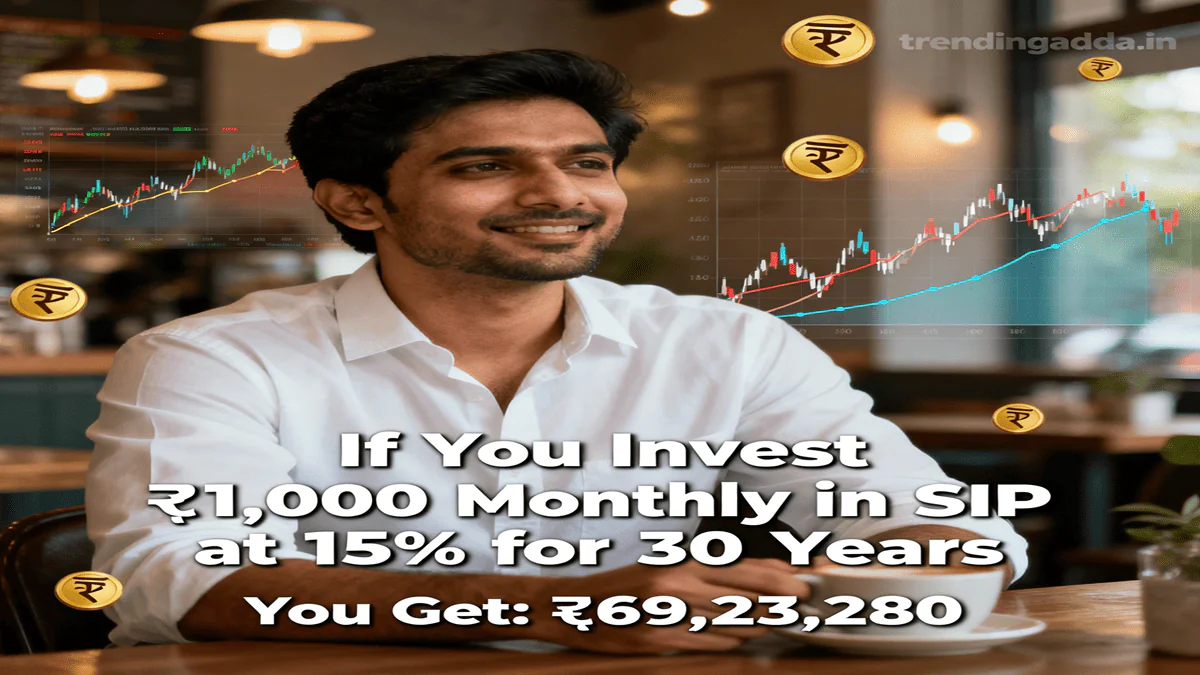 "Man in white shirt with cafe background, SIP calculation chart, headline showing ₹1,000 monthly SIP at 15% for 30 years, final amount ₹69,23,280, trendingadda.in watermark"
