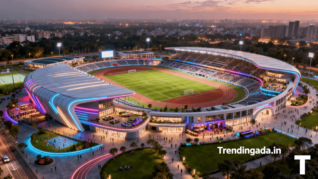 Concept image showing the redevelopment of Jawaharlal Nehru Stadium in Delhi into a modern sports city with multiple sports facilities, training centers, athlete accommodation, entertainment zones, and green spaces Delhi."