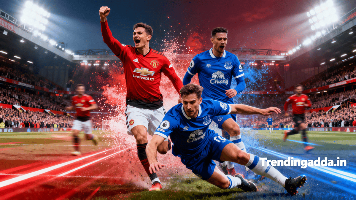 Dramatic thumbnail featuring Manchester United and Everton players in intense action under stadium lights, capturing the live match excitement with a vibrant crowd and dynamic effects, including a Trendingadda.in watermark