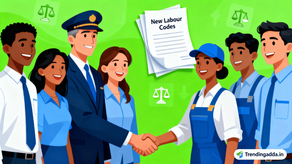 India’s New Laboure Codes: Complete Guide (Effective November 21, 2025) 6 Thumbnail showing happy employees and public officials celebrating the positive impact of the New Labour Codes, with legal documents and policy icons in the background and a Trendingadda.in watermark.