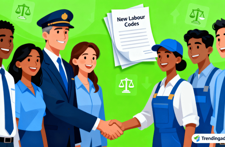 Thumbnail showing happy employees and public officials celebrating the positive impact of the New Labour Codes, with legal documents and policy icons in the background and a Trendingadda.in watermark.