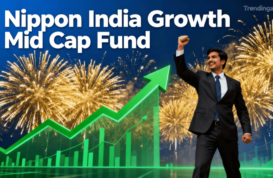 Dynamic banner showing explosive stock market growth with fireworks, rising charts, and a confident investor, illustrating Nippon India Growth Mid Cap Fund’s exceptional momentum.
