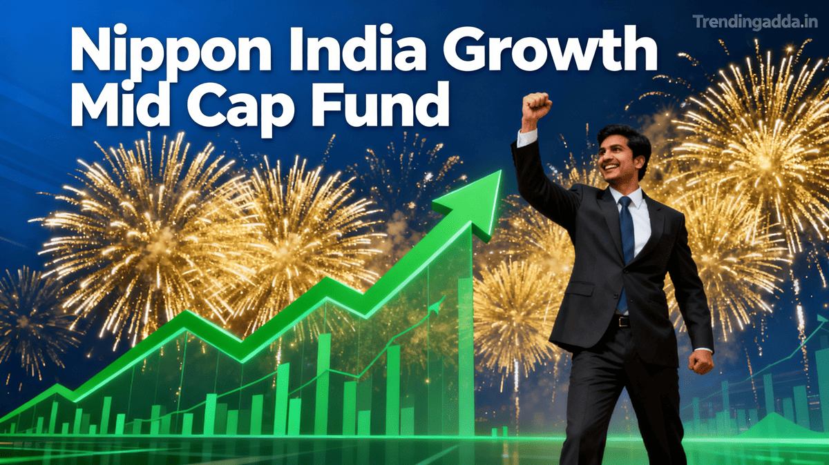 An impactful banner visualizing Nippon India Growth Mid Cap Fund’s explosive growth for investors, featuring bold stock charts, prosperity colors, and clear branding