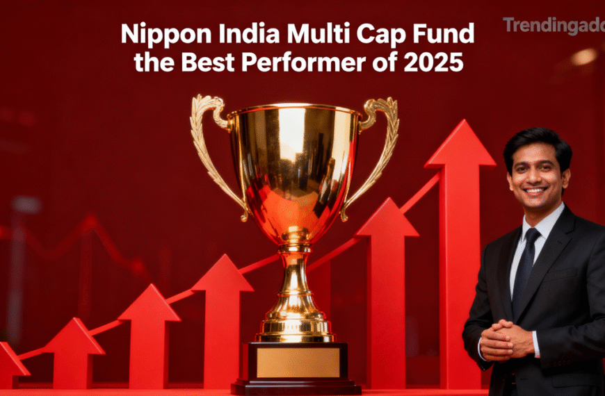 Thumbnail image depicting a trophy, ascending stock market arrows, and a confident professional person representing the success of Nippon India Multi Cap Fund as the best performer of 2025 with a subtle Trendingadda.in watermark