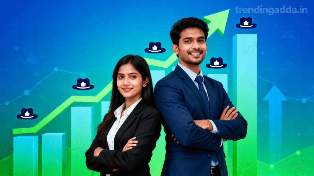 Vibrant image showing a confident man and woman standing side by side with upward trending graphs and small cap company icons, representing the Quant Small Cap Fund.