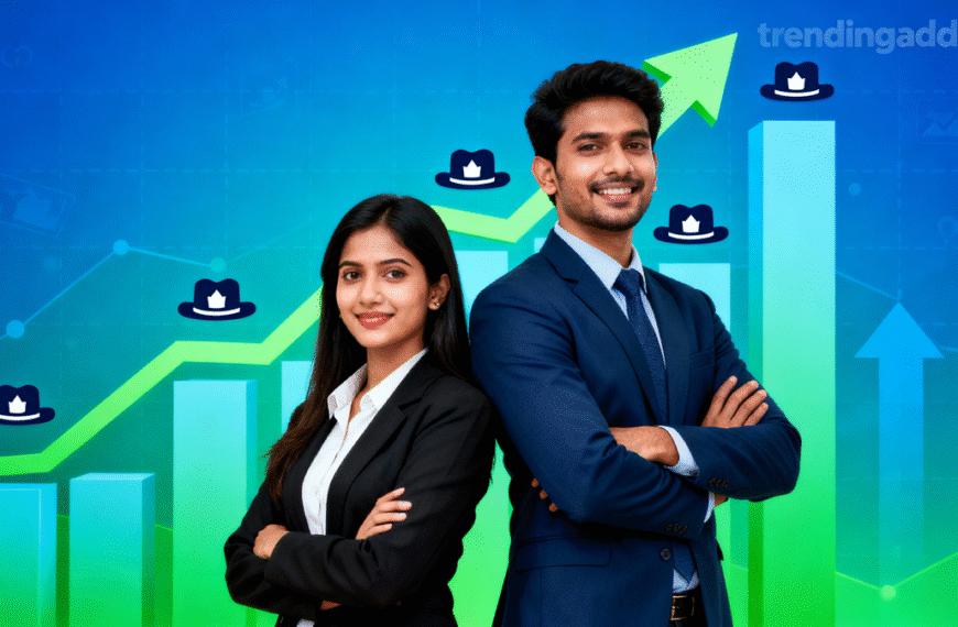 Vibrant image showing a confident man and woman standing side by side with upward trending graphs and small cap company icons, representing the Quant Small Cap Fund.