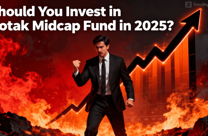 Intense thumbnail showing fiery stock market charts, a determined investor, and bold visuals, representing the high-stakes decision of investing in Kotak Midcap Fund﻿ in 2025 with a subtle Trendingadda.in watermark