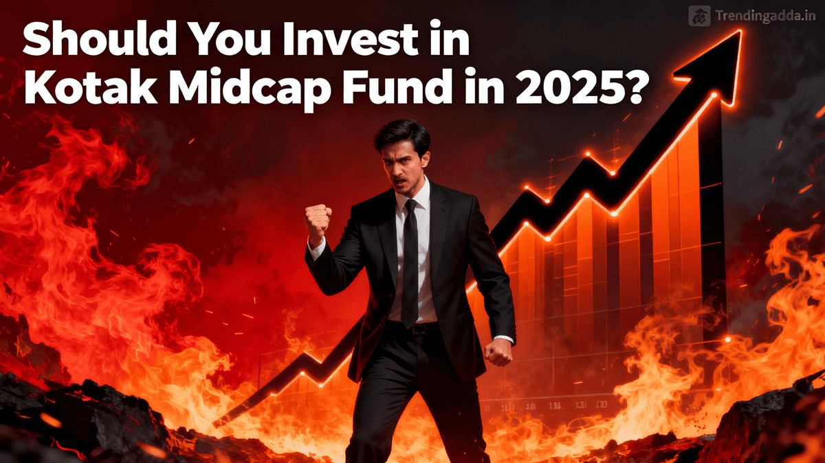 A powerful and dynamic image illustrating the potential risks and rewards of investing in Kotak Midcap Fund﻿ in 2025, featuring fire-inspired stock graphs and a confident investor figure.