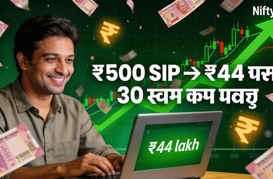 Indian investor smiling at laptop showing ₹44 lakh SIP corpus with ₹ 500 SIP notes raining and green stock market graph background