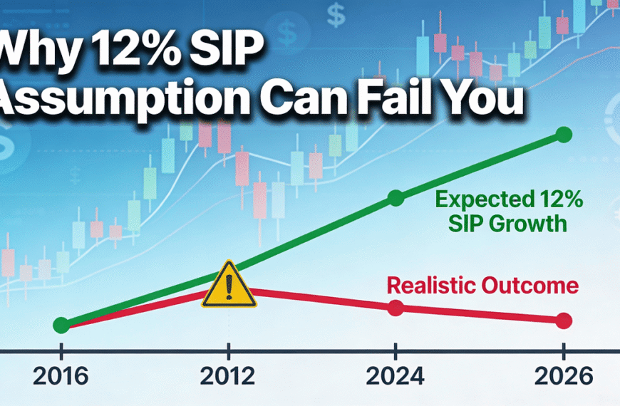 Modern financial blog header graph showing diverging SIP return lines: green 12% expected growth vs. red realistic outcome, with warning icon on stock market background. Text: 'Why 12% SIP return Assumption Can Fail You