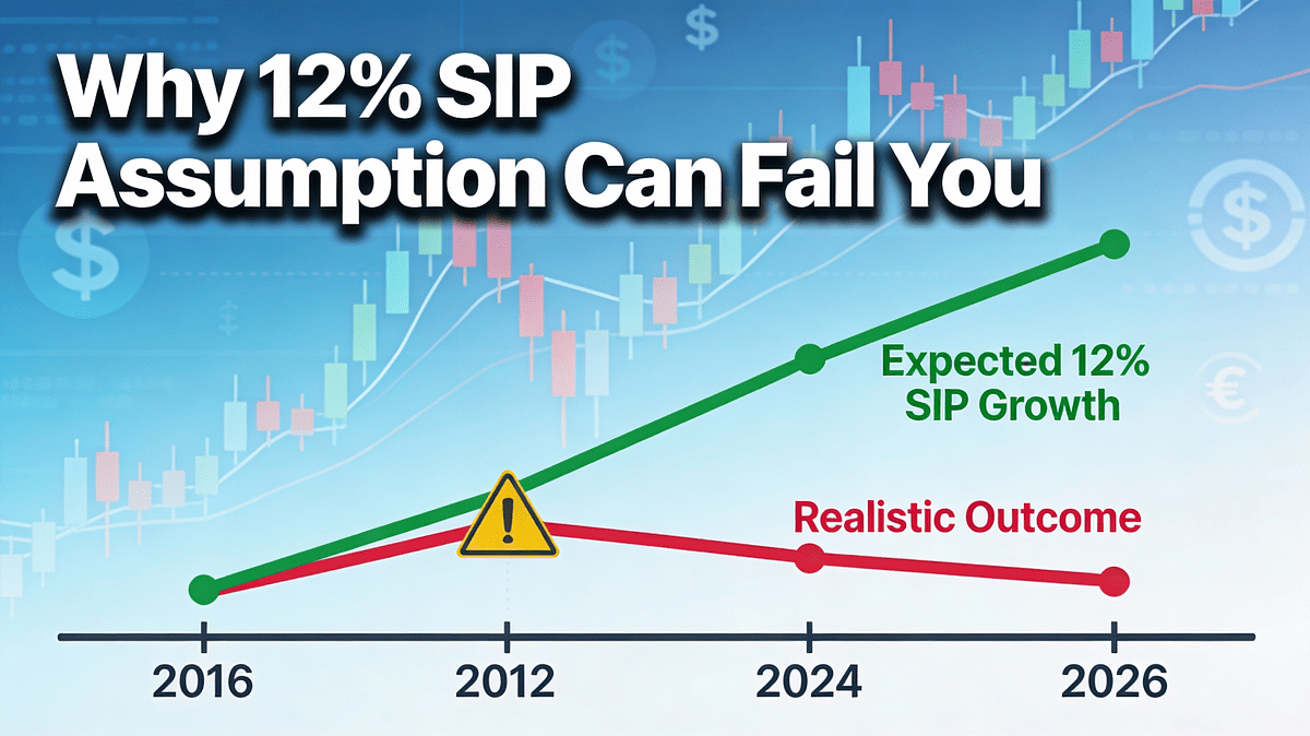 Home 3 Diverging SIP growth graph debunking 12% return myth, warning icon highlights long-term investment risks on financial backdrop