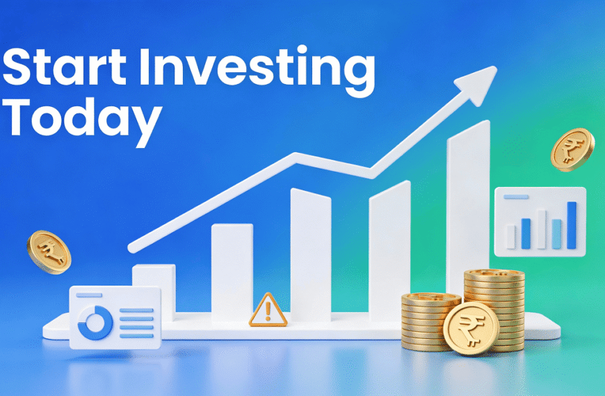 Blog header showing an upward investing growth graph with rupee symbols, coins, and a subtle risk warning icon on a blue and green background
