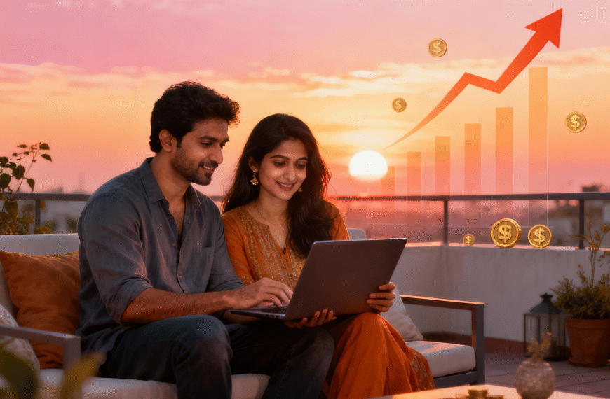 Warm illustration of couple Chandan and Anchal on a sunset terrace, reviewing SIP investments on laptop with growth charts and fund symbols in background (see the generated image above)