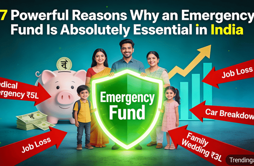 Banner depicting a young Indian family protected by a glowing green "Emergency Fund" shield blocking red threats like "Medical Emergency ₹5L", "Job Loss", "Car Breakdown", and "Family Wedding ₹3L", with piggy bank and growth charts in background, Trendingadda.in watermark.