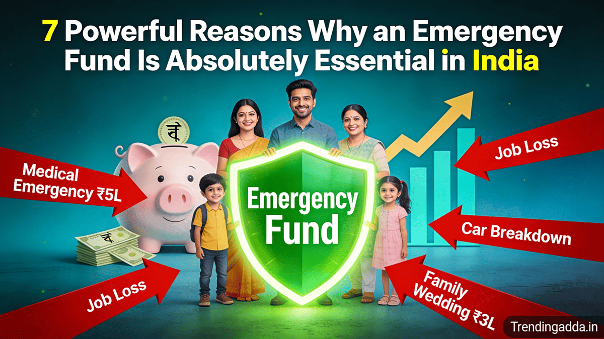 Banner depicting a young Indian family protected by a glowing green "Emergency Fund" shield blocking red threats like "Medical Emergency ₹5L", "Job Loss", "Car Breakdown", and "Family Wedding ₹3L", with piggy bank and growth charts in background, Trendingadda.in watermark.