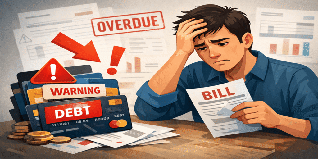 Credit Card Mistakes That Can Ruin Your Financial Life 1 Stressed person holding credit card bills with warning signs and overdue debt, illustrating credit card mistakes.