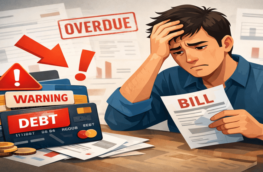 Stressed person holding credit card bills with warning signs and overdue debt, illustrating credit card mistakes.
