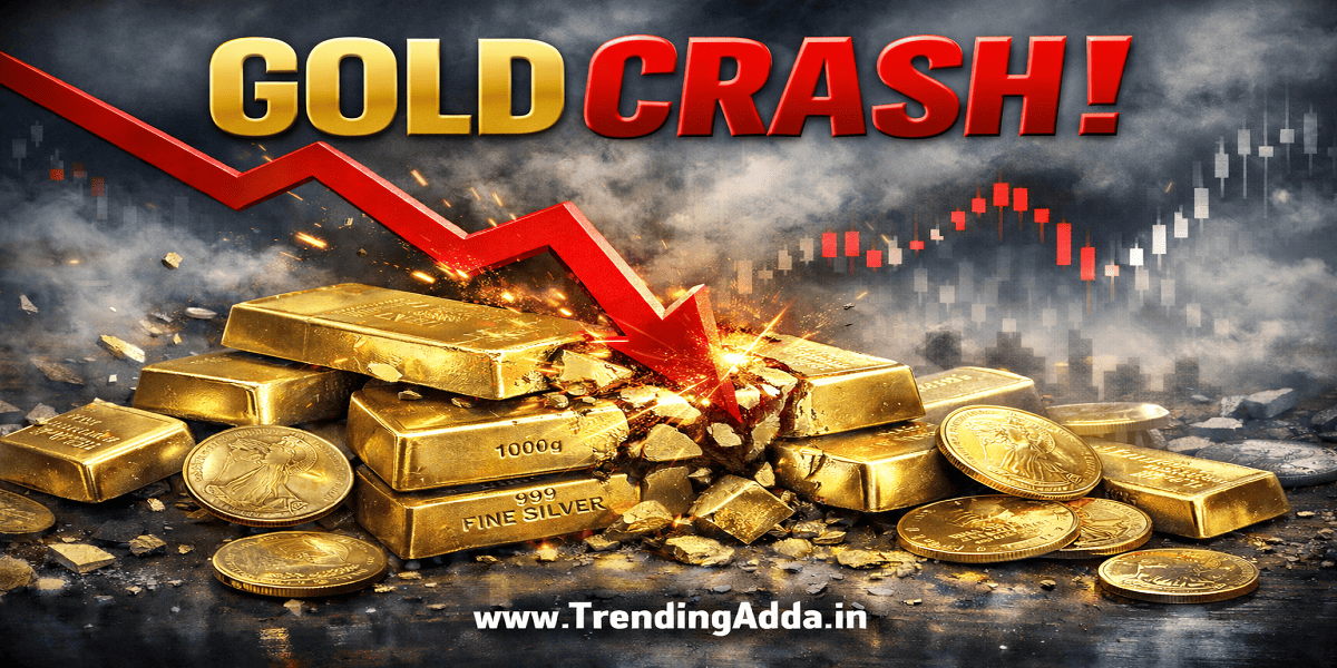 Gold price crash banner showing falling gold rates and market Crash volatility | TrendingAdda.in, Overweight