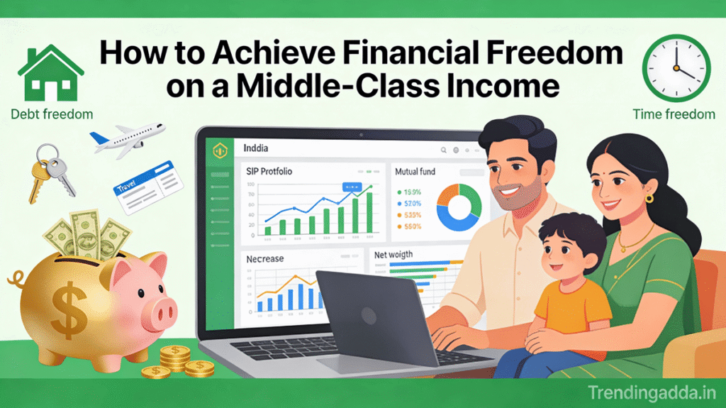 Financial Freedom: 7 Proven Ways to Achieve It on a Middle-Class Income 10 Alt Text: Banner showing a middle-class Indian family happily viewing SIP portfolio growth on a laptop, with icons of piggy bank, house keys, airplane ticket, and time freedom clock, illustrating financial freedom on average income, with subtle Trendingadda.in watermark.