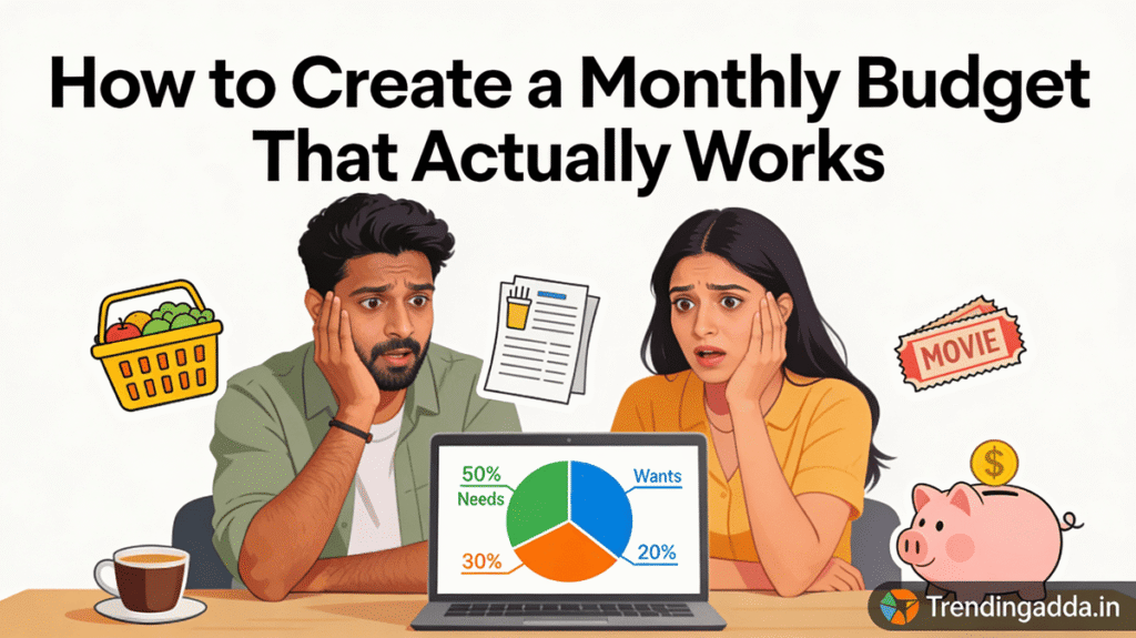 How to Create a Monthly Budget That Actually Work 3 Banner showing a young Indian couple viewing a monthly budget pie chart (50/30/20 rule) on laptop with expense category icons like groceries, bills, savings piggy bank, coffee, and movies, demonstrating effective budgeting that works, with Trendingadda.in watermark