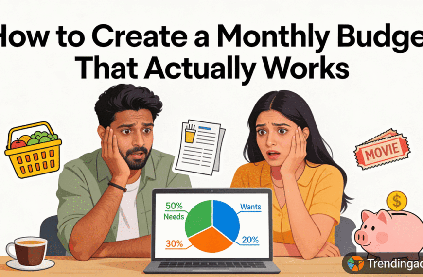 Banner showing a young Indian couple viewing a monthly budget pie chart (50/30/20 rule) on laptop with expense category icons like groceries, bills, savings piggy bank, coffee, and movies, demonstrating effective budgeting that works, with Trendingadda.in watermark