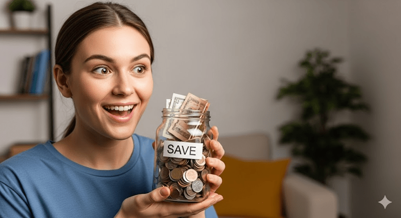 appy young woman holding a jar of savings coins, representing financial freedom on a low salary - Save Money