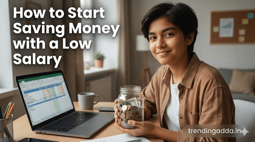 appy young woman holding a jar of savings coins, representing financial freedom on a low salary - trendingadda.in